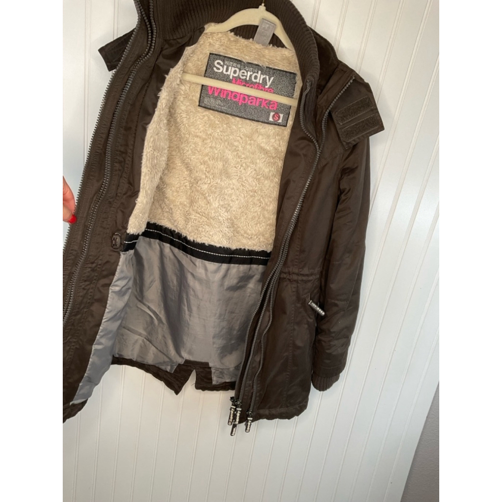 Women's Superdry Wind Parka Coat, Size S, olive Brown. No fur trim on hood - Picture 6 of 9